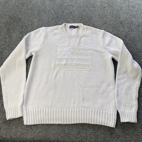 Polo Ralph Lauren Sweater Women's XL Ivory American Flag Knitted Pullover USA